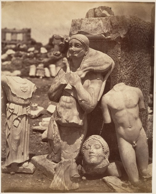 The Calf-Bearer and the Kritios Boy Shortly After Exhumation on the Acropolis, with the Danseuse du Temple de Bacchus, ca. 1865. Albumen silver print from glass negative. Public domain image courtesy http://www.metmuseum.org/art/collection/search/283139