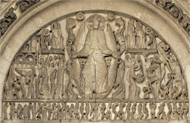 Tympanum depicting the "Last Judgment" from the Saint-Lazare Cathedral, Autun, France. c. 1120-1130 or c. 1130-1145. Base of tympanum is approximately 21' in length