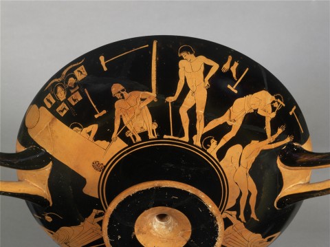 Foundry Painter, "A Bronze Foundry," 490-480 BCE. Red-figure decoration on a kylix from Vulci, Italy.