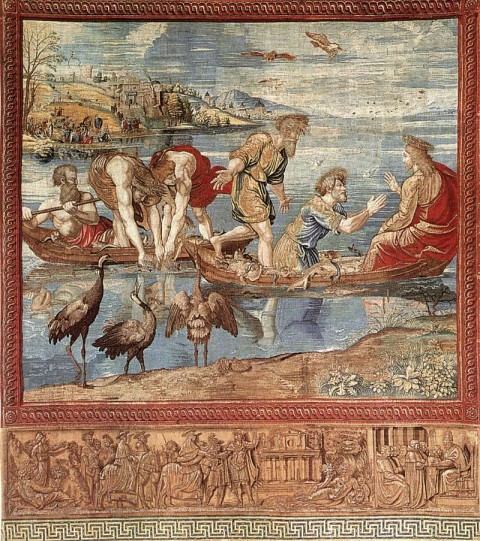 Raphael and PIeter van Alest, "The Miraculous Draught of Fishes," from the Raphael Tapestry series, c. 1519. Tapestry in silk and wool, with silver-gilt threads, height 490 cm, width 441 cm. Musei Vaticani, Vatican