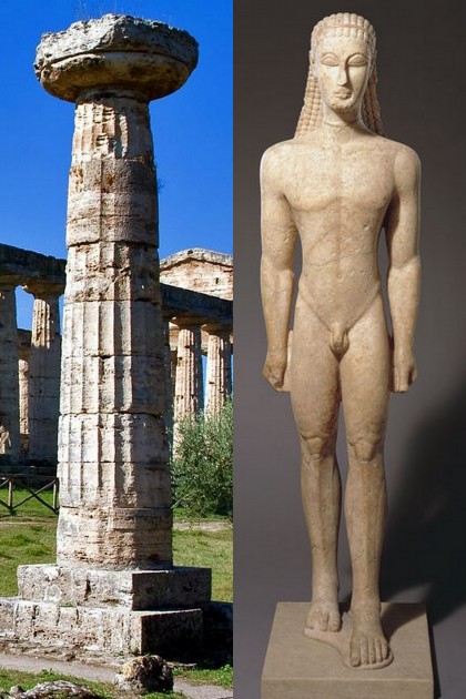 Left: Doric column from Temple of Athena at Paestum, Italy. Right: Metropolitan Kouros, c. 600 BCE