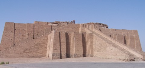 The Ziggurat of Ur (photo taken 2005). Original structure built c. 2100 BCE. Image courtesy Wikipedia via user Hardnfast.
