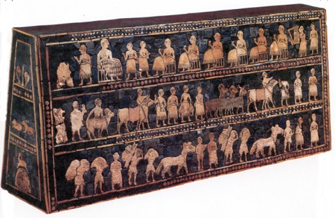 Standard of Ur, 2600-2400 BCE. Wooden box with inlaid mosaic