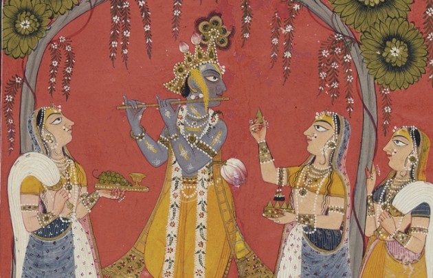 Krishna Fluting for the Gopis, page from an illustrated Dashavatara series, ca. 1730. Opaque watercolor and gold on paper, 10 1/4 x 8 in.