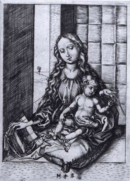 Martin Schongauer, "Madonna and Child with the Parrot," 1470-75. Engraving, 159 x 101 mm