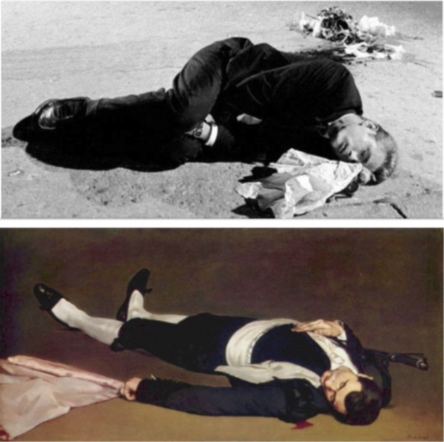 James Dean, still shot from "Rebel Without a Cause," and Manet's "Dead Toreador," 1864.