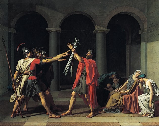 Jacques-Louis David, "Oath of the Horatii," 1784. Oil on canvas, 330 x 425 cm. Image courtesy Wikipedia