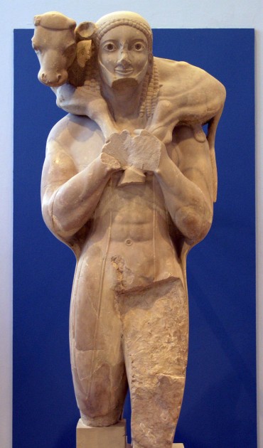 Moscophoros (Calf-Bearer), c. 570 BCE. Marble, height 165 cm (65 inches). Image courtesy Wikipedia via user Marsyas.