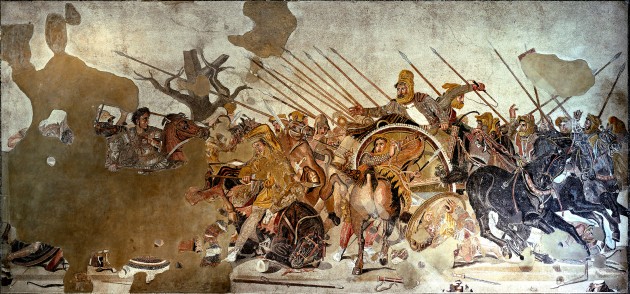 Alexander the Great Confronts Darius III at the Battle of Issos, floor mosaic, House of the Faun at Pompeii, Italy. 1st century CE Roman copy of a Greek wall painting of c. 310 BCE, perhaps by Philoxenos or Eretria or Helen of Egypt. Entire panel 8'10" x 17' (2.7 x 5.2 m). National Archaeological Museum, Naples. Image courtesy Wikipedia