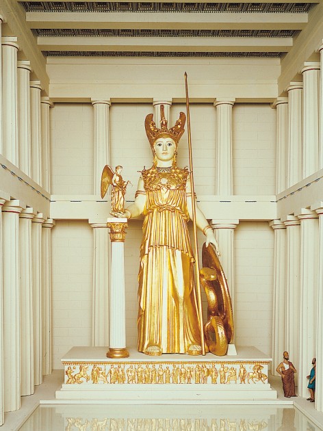 Phidias, model of Athena Parthenos (now lost) within the Parthenon, ca. 438 BC. Statue was approximately 39 feet tall and made of gold and ivory.