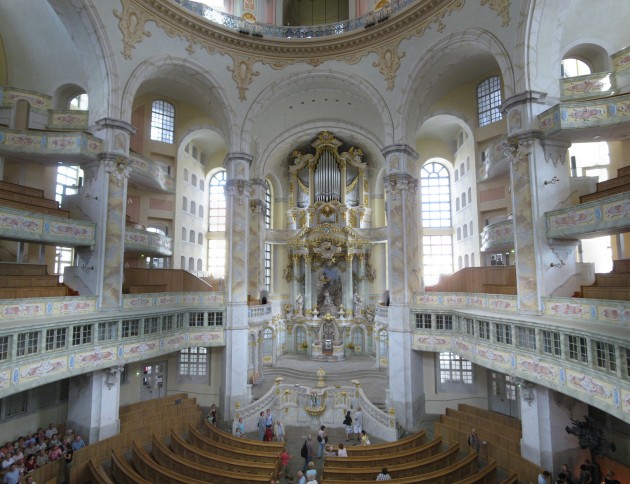 Interior of the Frauenkirche, Dresden. Interior is a 21st-century replica (completed 2005) of the original 18th-century structure (completed 1743).