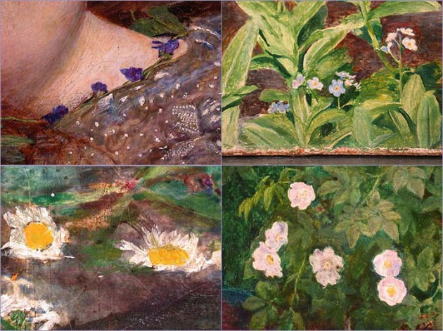 Millais, "Ophelia," 1851-52 (details of violets, forget-me-nots, daisies, and wild roses)