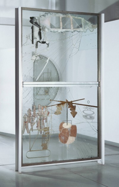 Marcel Duchamp, "The Bride Stripped Bare by Her Bachelors, Even (The Large Glass)," 1915-1923. Oil, varnish, lead foil, lead wire, and dust on two glass panels, 9 feet 1 1/4 inches × 70 inches × 3 3/8 inches (277.5 × 177.8 × 8.6 cm)