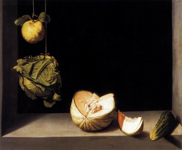Juan Sánchez Cotán, "Quince, Cabbage, Melon, and Cucumber," 1602, oil on canvas, 68.9 cm x 84.5 cm (San Diego Museum of Art)
