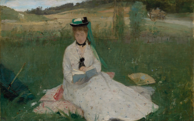 Berthe Morisot, "Reading (The Green Umbrella), 1873. Oil on fabric, 18 1/8 × 28 1/4 in. (46 × 71.8 cm). Cleveland Museum of Art