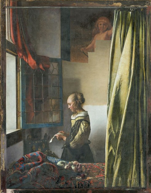 Vermeer, "Girl at the Window," (with recent restoration revealing image of Cupid), c. 1658