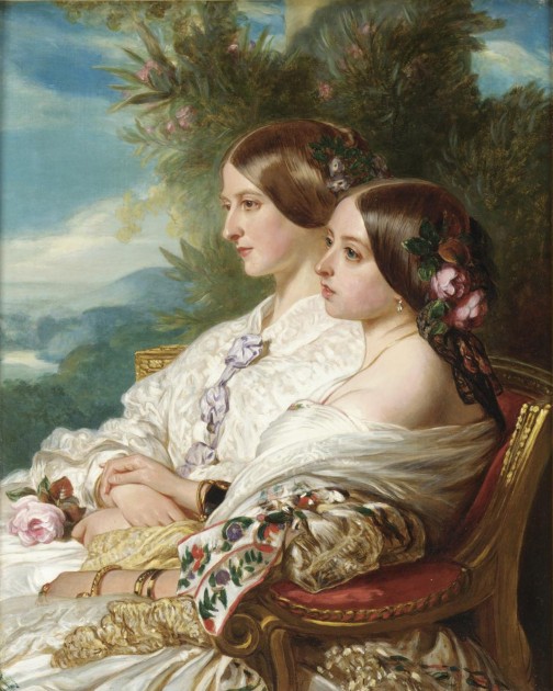 Frans Xaver Winterhalter, "Queen Victoria and Her Cousin, the Duchess of Nemours" (1852). Oil on canvas, 26.2" x 20", Royal Collection.