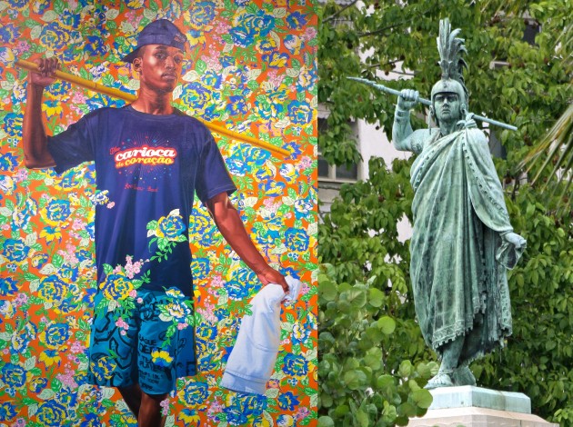 Left: Kehinde Wiley, "Indio Cuauhtemoc: The World Stage, Brazil," 2017. Right: Monument to the Indio Cuauhtemoc in Rio de Janeiro. Image courtesy Wikipedia