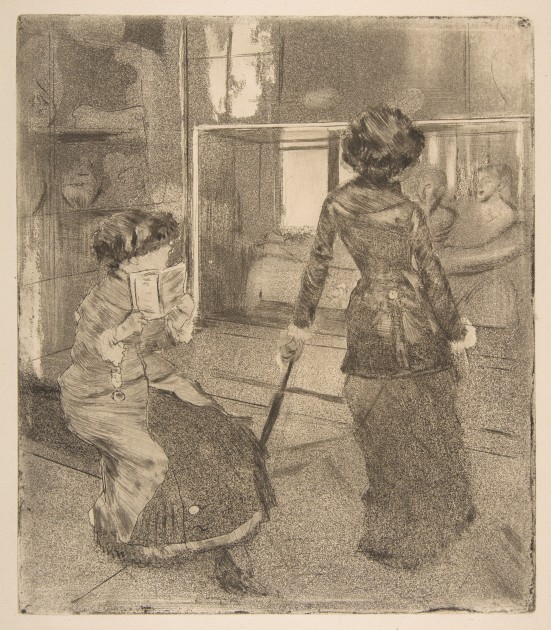 Edgar Degas, "Mary Cassatt at the Louvre: The Etruscan Gallery," 1879-80. Soft-ground etching, drypoint, aquatint, and etching (Metropolitan Museum of Art). Image in public domain.