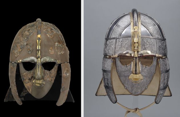 Sutton Hoo helmet (right) with reconstruction (left). Early 7th century, iron and tinned copper alloy helmet, consisting of many pieces of iron, now built into a reconstruction, 31.8 x 21.5 cm (as restored)